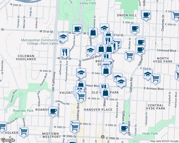 map of restaurants, bars, coffee shops, grocery stores, and more near 206 West 34th Street in Kansas City