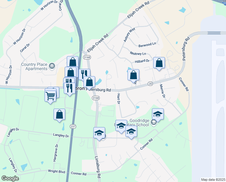 map of restaurants, bars, coffee shops, grocery stores, and more near 1871 Petersburg Road in Hebron