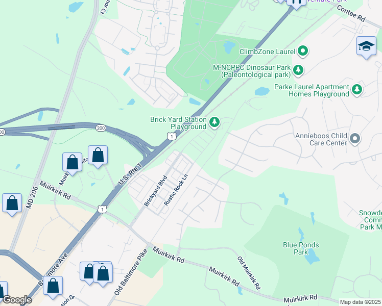 map of restaurants, bars, coffee shops, grocery stores, and more near 12850 Baltimore Avenue in Laurel