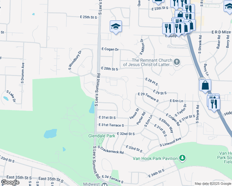 map of restaurants, bars, coffee shops, grocery stores, and more near 16111 East 28th Terrace South in Independence