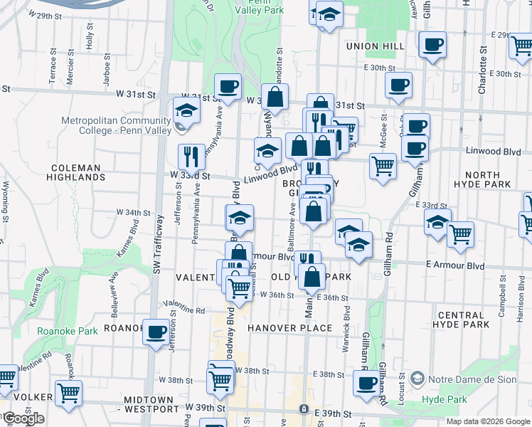 map of restaurants, bars, coffee shops, grocery stores, and more near 208 West 34th Street in Kansas City
