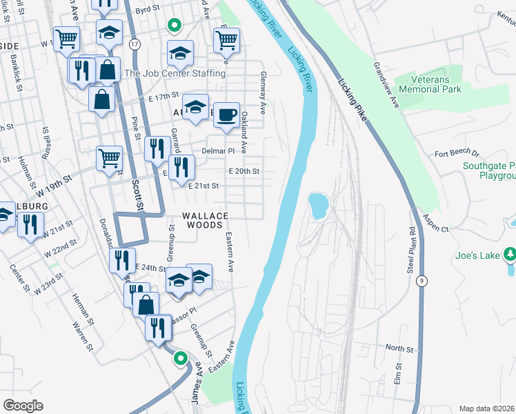map of restaurants, bars, coffee shops, grocery stores, and more near 619 Durrett St in Covington