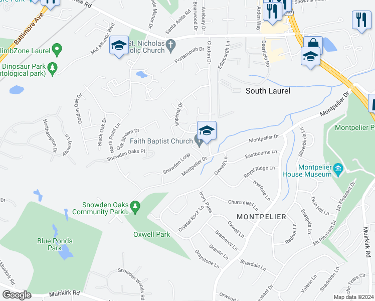 map of restaurants, bars, coffee shops, grocery stores, and more near 8606 Snowden Loop in Laurel