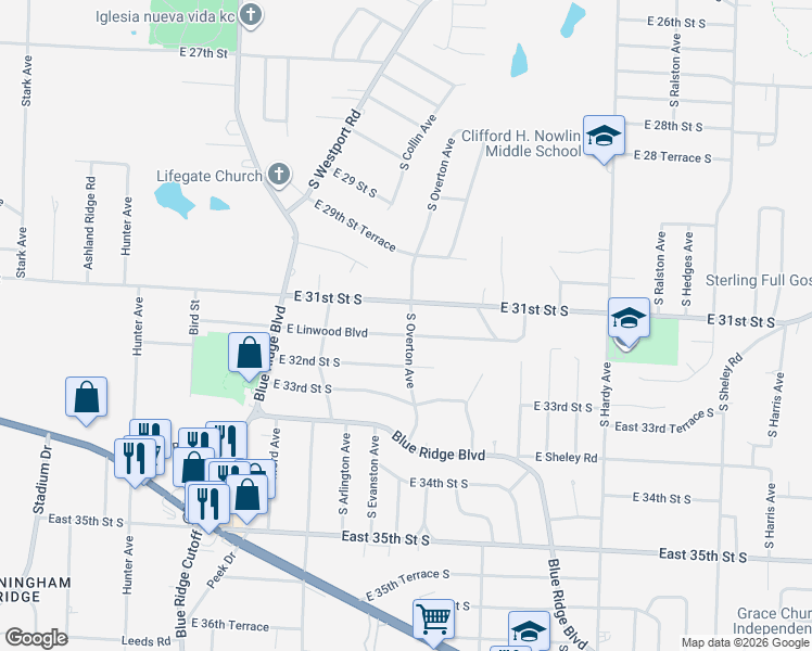 map of restaurants, bars, coffee shops, grocery stores, and more near 9630 East Linwood Boulevard in Independence