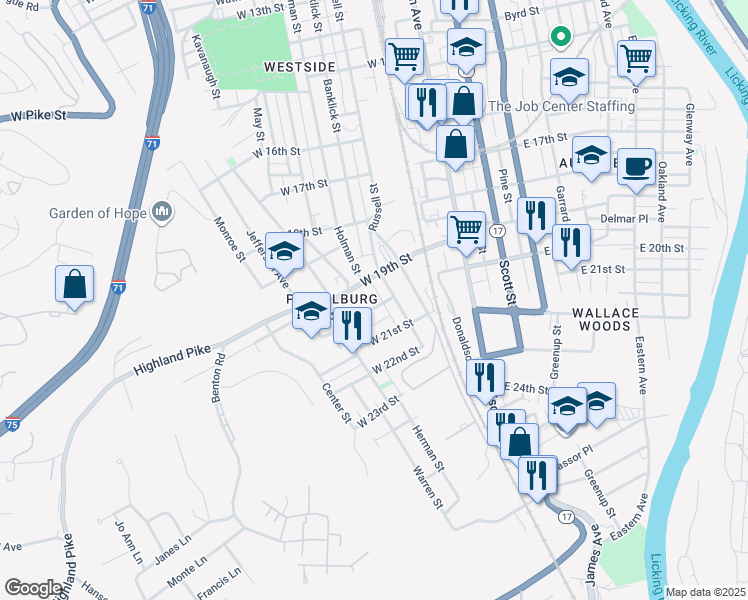map of restaurants, bars, coffee shops, grocery stores, and more near 218 West 20th Street in Covington