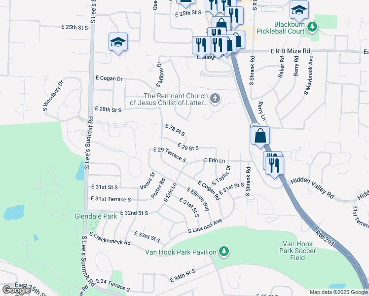 map of restaurants, bars, coffee shops, grocery stores, and more near 16705 East 29th Street in Independence
