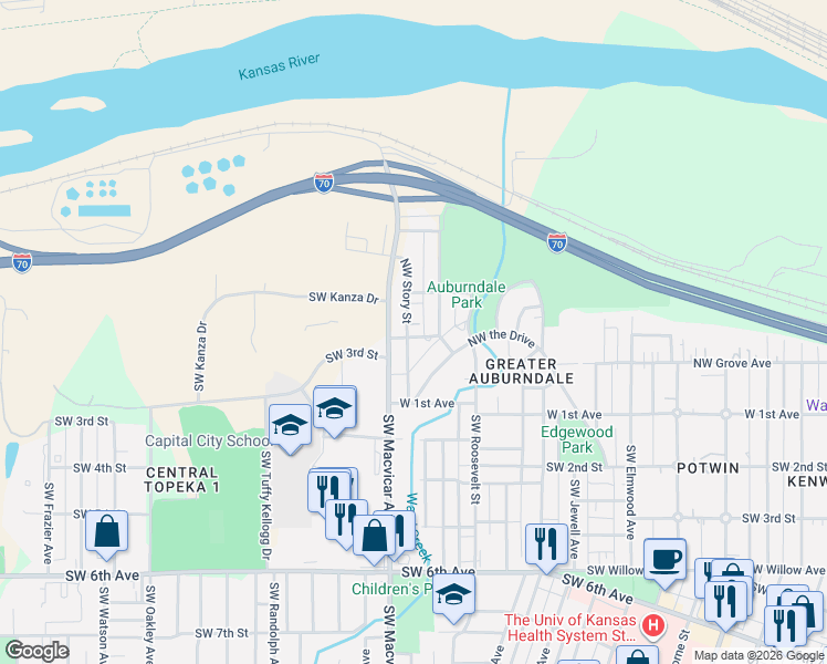 map of restaurants, bars, coffee shops, grocery stores, and more near 219 NW Waite St in Topeka