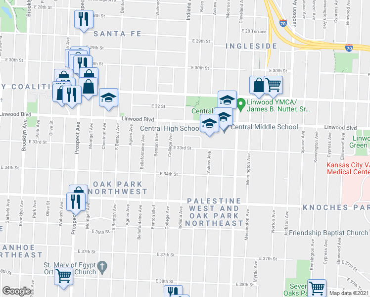 map of restaurants, bars, coffee shops, grocery stores, and more near 3401 East 33rd Street in Kansas City