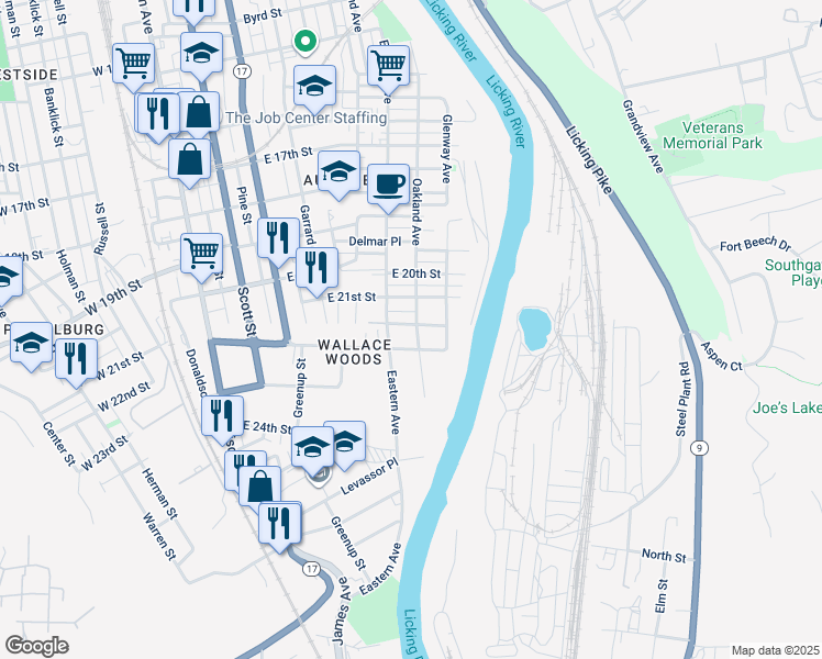 map of restaurants, bars, coffee shops, grocery stores, and more near 2122 Eastern Avenue in Covington