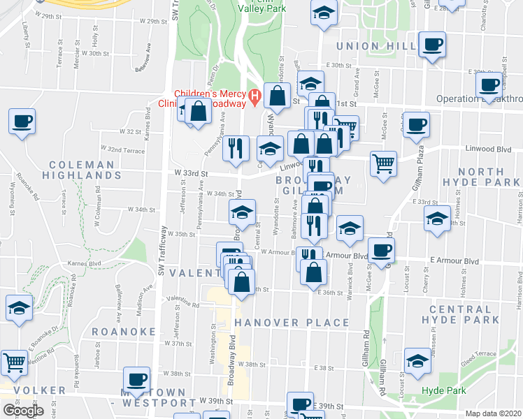 map of restaurants, bars, coffee shops, grocery stores, and more near 206 West 34th Street in Kansas City