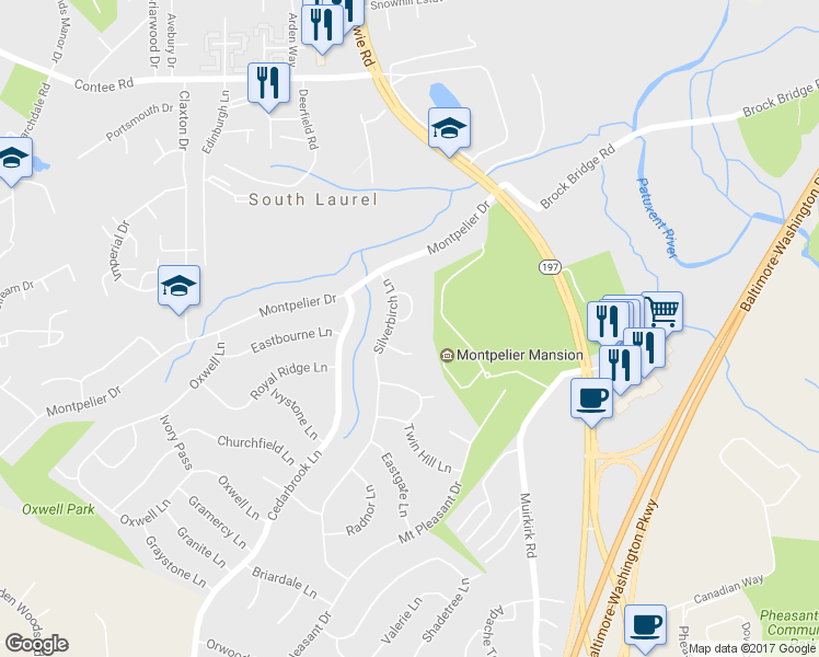 map of restaurants, bars, coffee shops, grocery stores, and more near 12803 Fernwood Turn in Laurel
