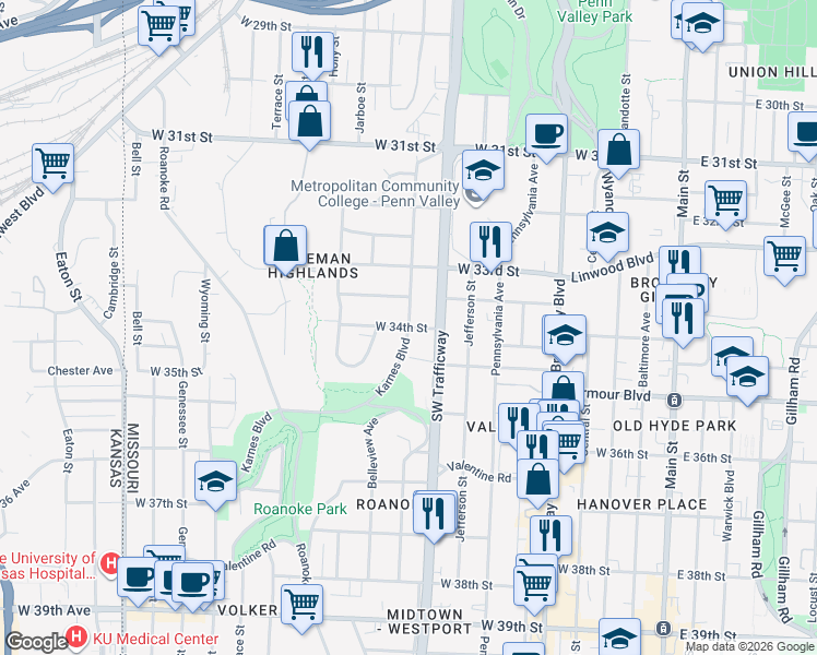 map of restaurants, bars, coffee shops, grocery stores, and more near Karnes Boulevard in Kansas City