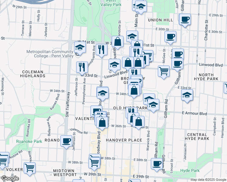 map of restaurants, bars, coffee shops, grocery stores, and more near 206 W 34th St in Kansas City