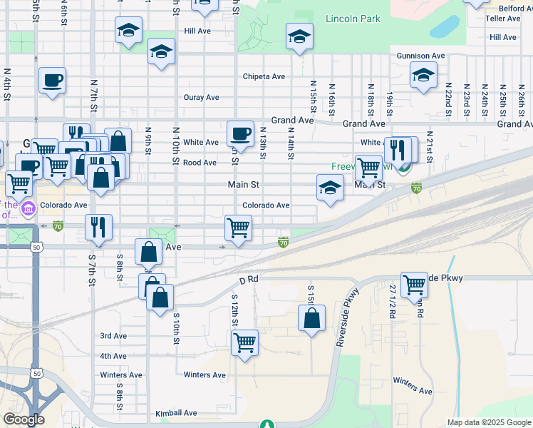 map of restaurants, bars, coffee shops, grocery stores, and more near 220 South 13th Street in Grand Junction