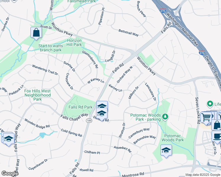map of restaurants, bars, coffee shops, grocery stores, and more near 1 Orchard Way South in Potomac