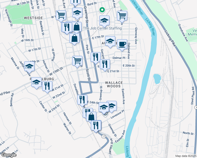 map of restaurants, bars, coffee shops, grocery stores, and more near 2044 Greenup Street in Covington