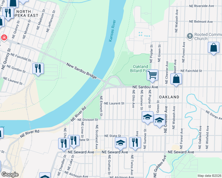 map of restaurants, bars, coffee shops, grocery stores, and more near 1407 Northeast Sardou Avenue in Topeka