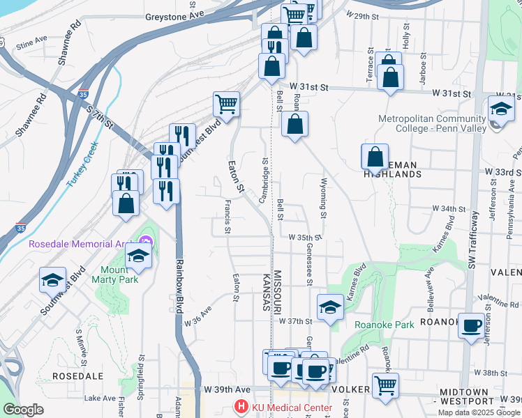 map of restaurants, bars, coffee shops, grocery stores, and more near 3121 Eaton Street in Kansas City