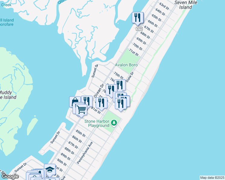map of restaurants, bars, coffee shops, grocery stores, and more near 250 77th Street in Avalon