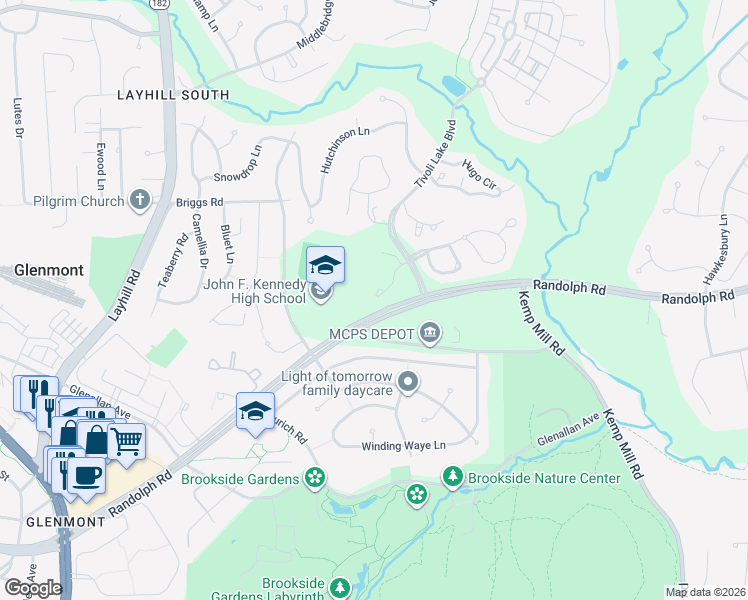 map of restaurants, bars, coffee shops, grocery stores, and more near 1762 Wilcox Lane in Silver Spring