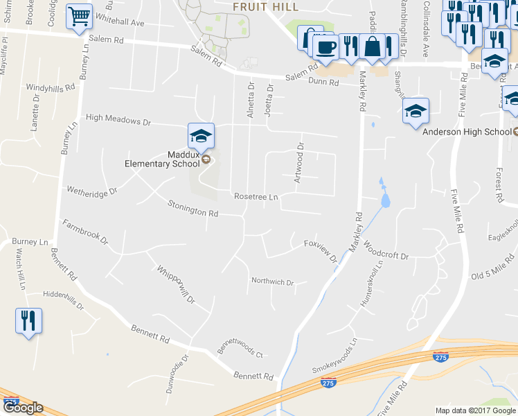 map of restaurants, bars, coffee shops, grocery stores, and more near 883 Anderson Hills Drive in Cincinnati