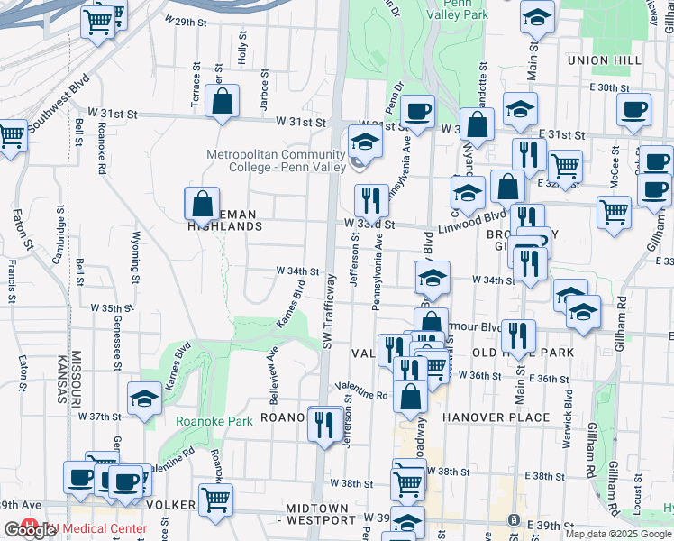 map of restaurants, bars, coffee shops, grocery stores, and more near 3425 Southwest Trafficway in Kansas City