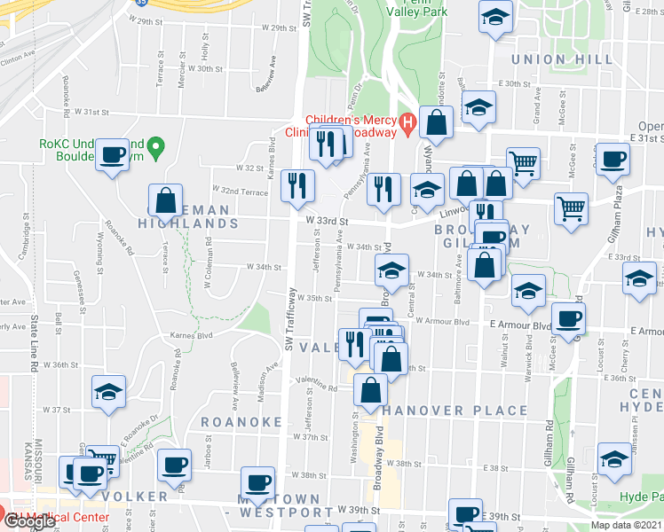 map of restaurants, bars, coffee shops, grocery stores, and more near 3416 Pennsylvania Avenue in Kansas City