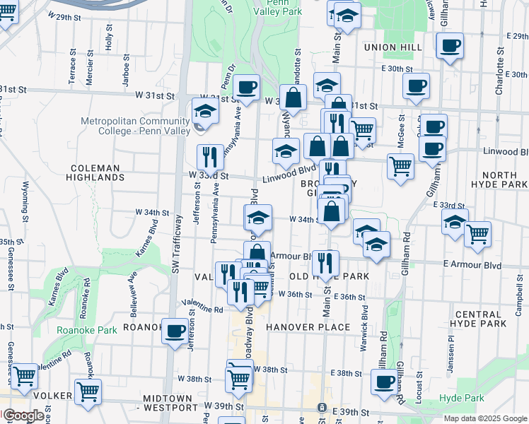 map of restaurants, bars, coffee shops, grocery stores, and more near 3339 Broadway Boulevard in Kansas City