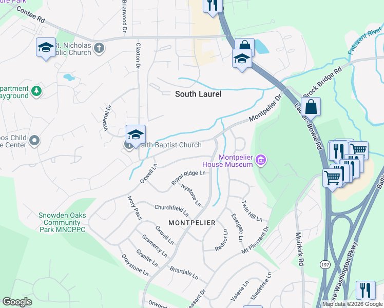 map of restaurants, bars, coffee shops, grocery stores, and more near 9000 Eastbourne Lane in Laurel