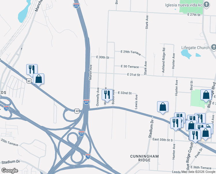 map of restaurants, bars, coffee shops, grocery stores, and more near 3123 Wallace Ave in Kansas City