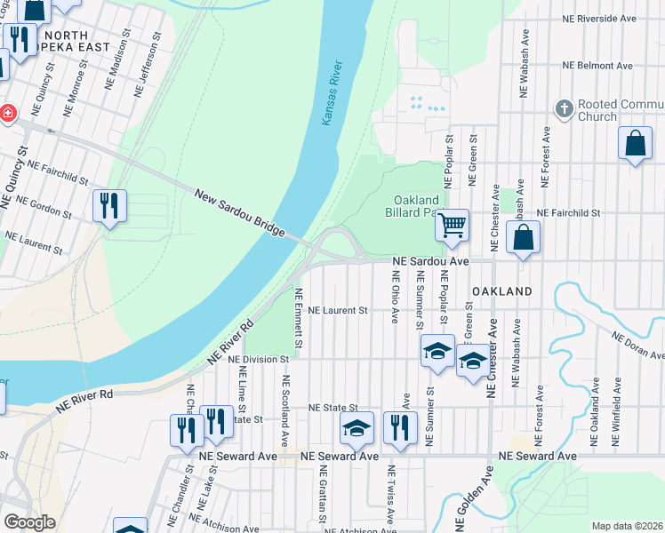 map of restaurants, bars, coffee shops, grocery stores, and more near 1407 Northeast Sardou Avenue in Topeka