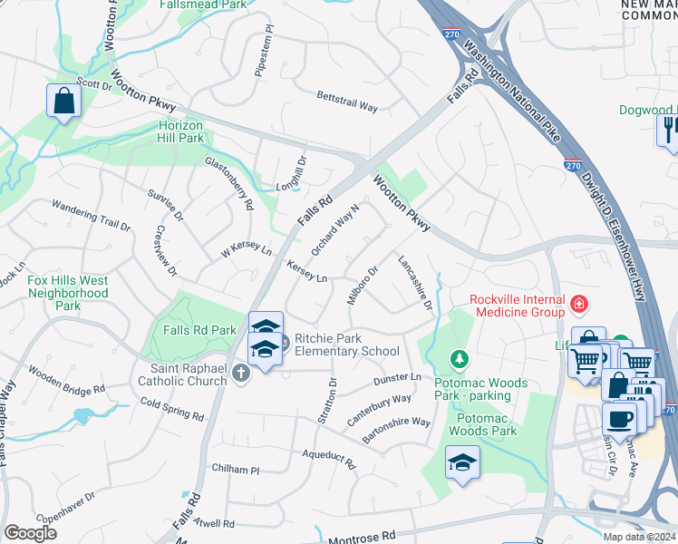 map of restaurants, bars, coffee shops, grocery stores, and more near 67 Orchard Way North in Potomac