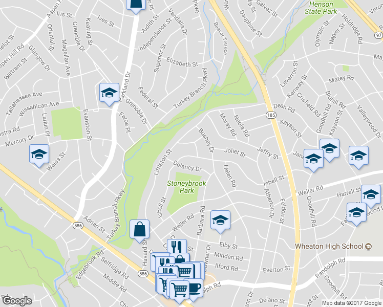 map of restaurants, bars, coffee shops, grocery stores, and more near 4103 Isbell Street in Silver Spring