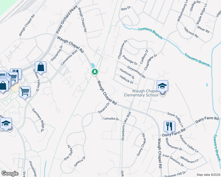 map of restaurants, bars, coffee shops, grocery stores, and more near 612 Crawfords Ridge Road in Odenton
