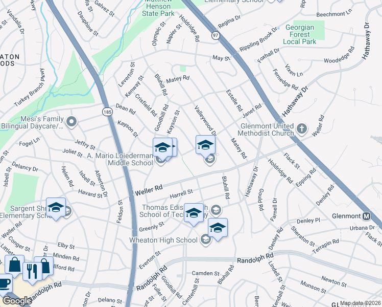 map of restaurants, bars, coffee shops, grocery stores, and more near 3412 Janet Road in Silver Spring