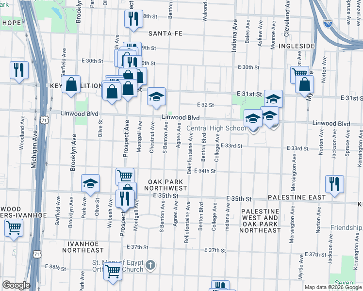map of restaurants, bars, coffee shops, grocery stores, and more near 3301 Agnes Avenue in Kansas City