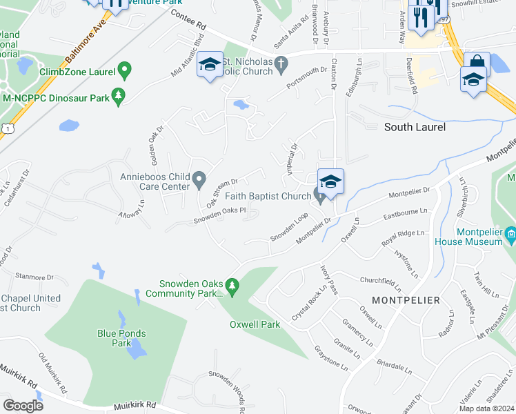 map of restaurants, bars, coffee shops, grocery stores, and more near 8490 Snowden Oaks Place in Laurel