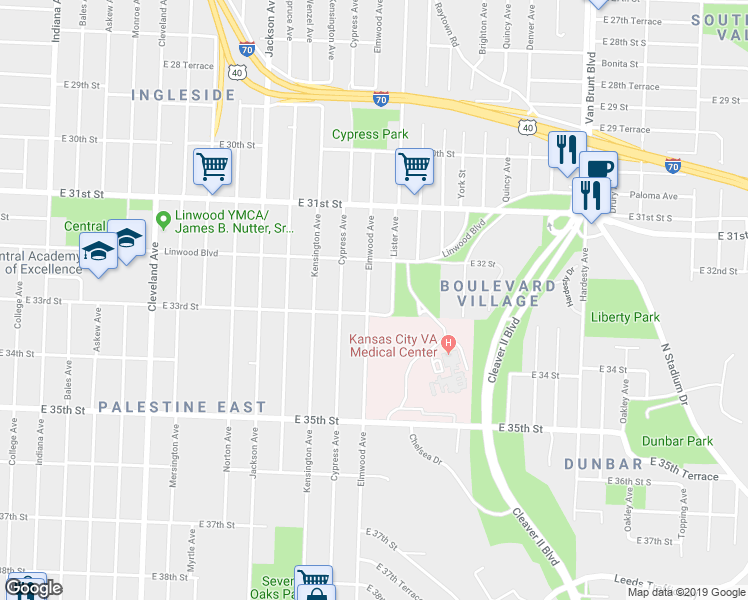 map of restaurants, bars, coffee shops, grocery stores, and more near 3233 Elmwood Avenue in Kansas City