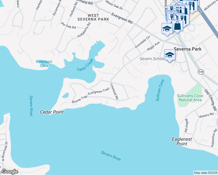 map of restaurants, bars, coffee shops, grocery stores, and more near 10 Linstead Road in Severna Park