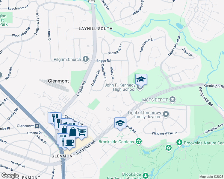 map of restaurants, bars, coffee shops, grocery stores, and more near 12720 Saddlebrook Dr in Silver Spring