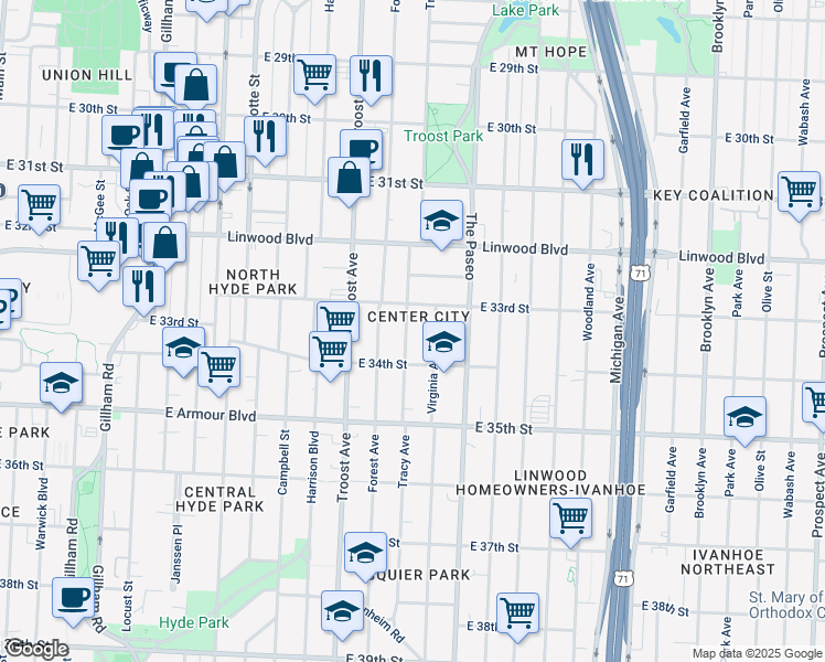 map of restaurants, bars, coffee shops, grocery stores, and more near 3321 Tracy Avenue in Kansas City