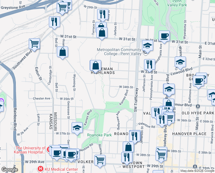 map of restaurants, bars, coffee shops, grocery stores, and more near 3400 West Coleman Road in Kansas City