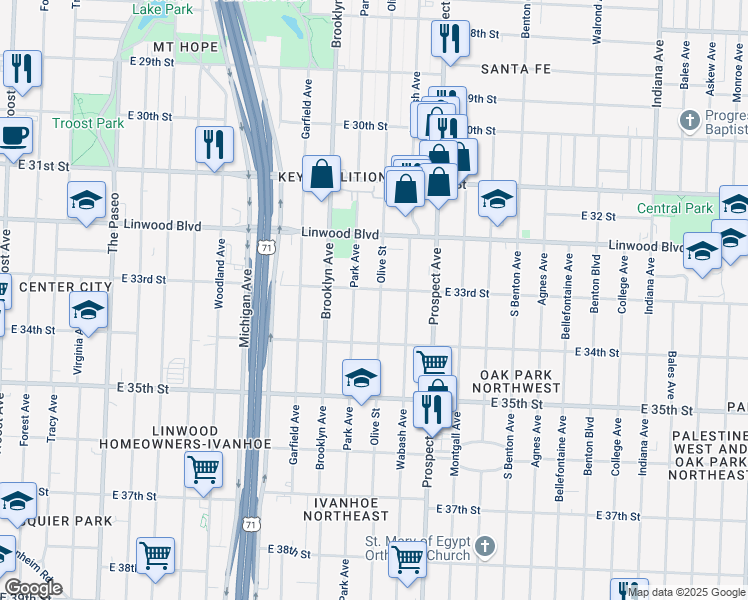 map of restaurants, bars, coffee shops, grocery stores, and more near 3306 Olive Street in Kansas City
