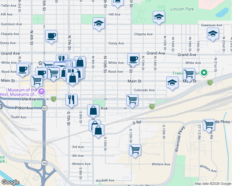 map of restaurants, bars, coffee shops, grocery stores, and more near 1031 Colorado Avenue in Grand Junction