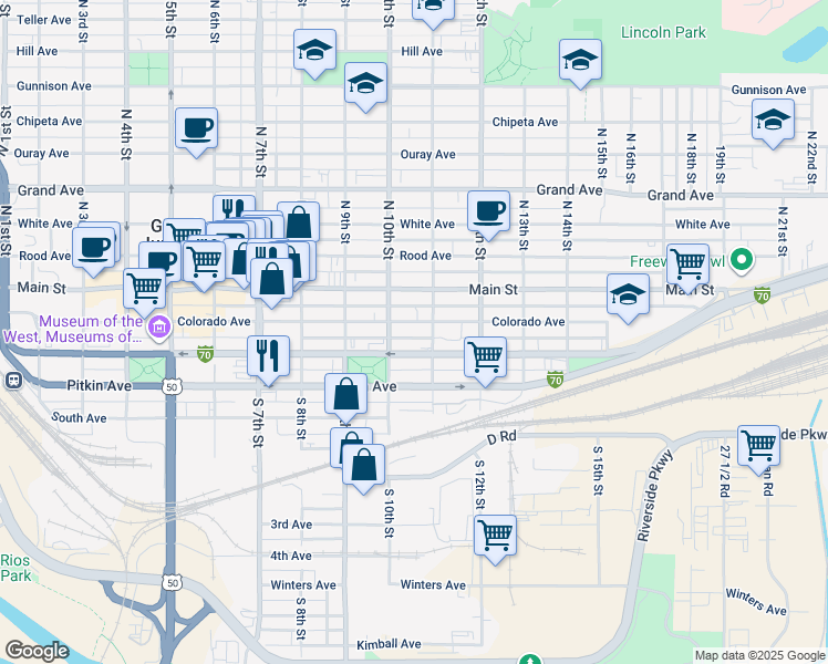 map of restaurants, bars, coffee shops, grocery stores, and more near 1031 Colorado Avenue in Grand Junction