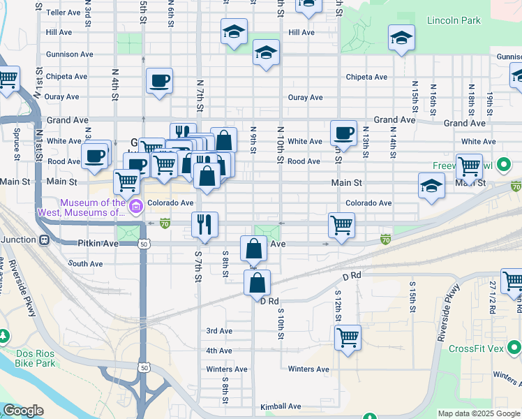 map of restaurants, bars, coffee shops, grocery stores, and more near 947 Colorado Avenue in Grand Junction