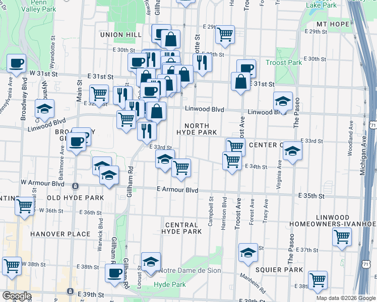 map of restaurants, bars, coffee shops, grocery stores, and more near 3317 Holmes Street in Kansas City
