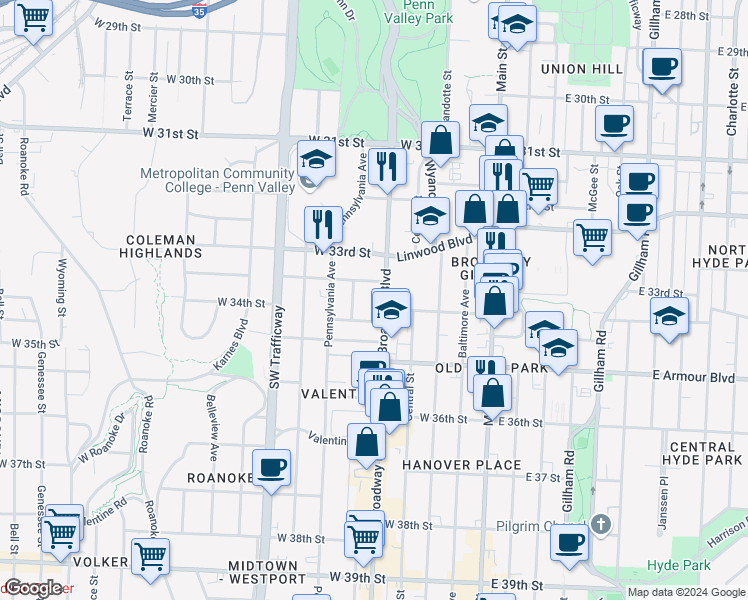 map of restaurants, bars, coffee shops, grocery stores, and more near 3339 Broadway Boulevard in Kansas City
