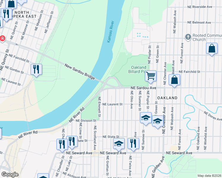 map of restaurants, bars, coffee shops, grocery stores, and more near 1407 Northeast Sardou Avenue in Topeka
