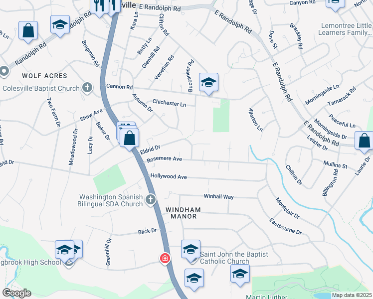 map of restaurants, bars, coffee shops, grocery stores, and more near 12806 Poplar Street in Silver Spring